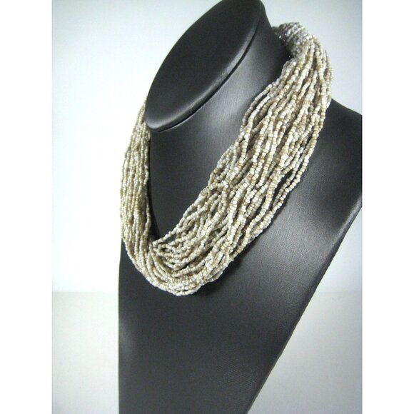 Vintage Glass Seed Bead Multi Strand Necklace Neutral Bohemian Statement 20 in - Picture 4 of 8